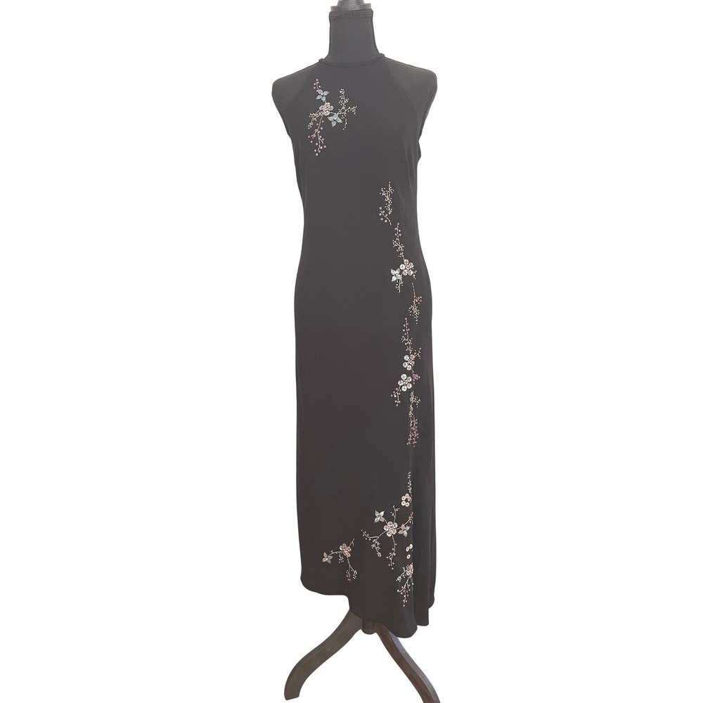 Jones New York Dress Womens 10 Black Maxi Halter Floral Beaded Y2k Whimsigoth